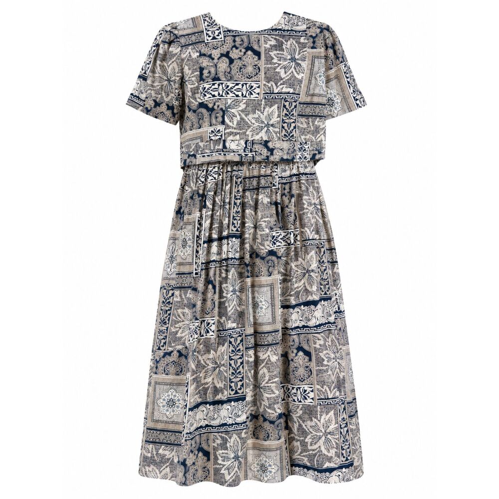 Vintage Karin Stevens Rayon Patchwork Maxi Dress Navy Beige Size 6 3372